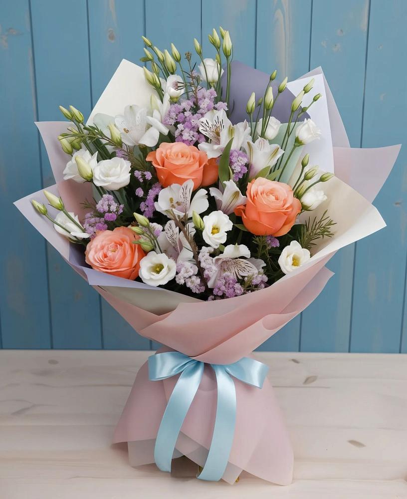 Букет цветов из: Лизиантусы, Розы, Альстромерии и Гипсофила в Октябрьском Удмуртской республики